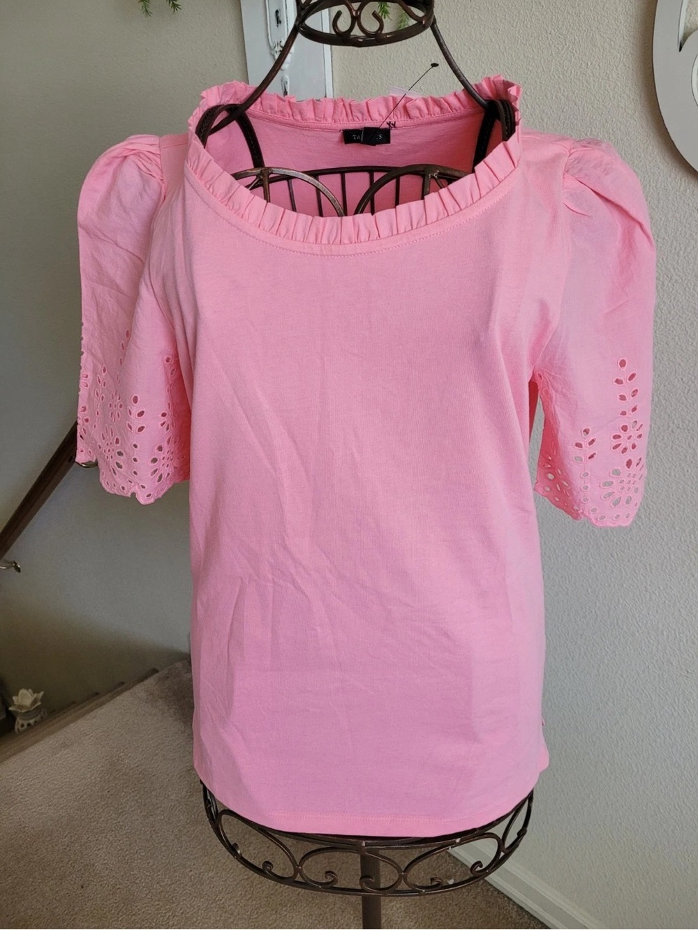 Talbots Pink Ruffle Neck Puff Sleeve Top
